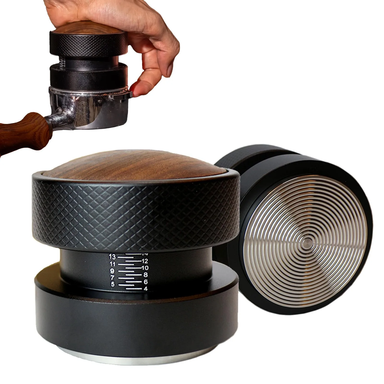 58mm Espresso Tamper, Fits 58-58.5mm Portafilters, Auto-leveling Spring-loaded Palm Tamper, Stainless Steel Ripple Base with Non-Slip Grip