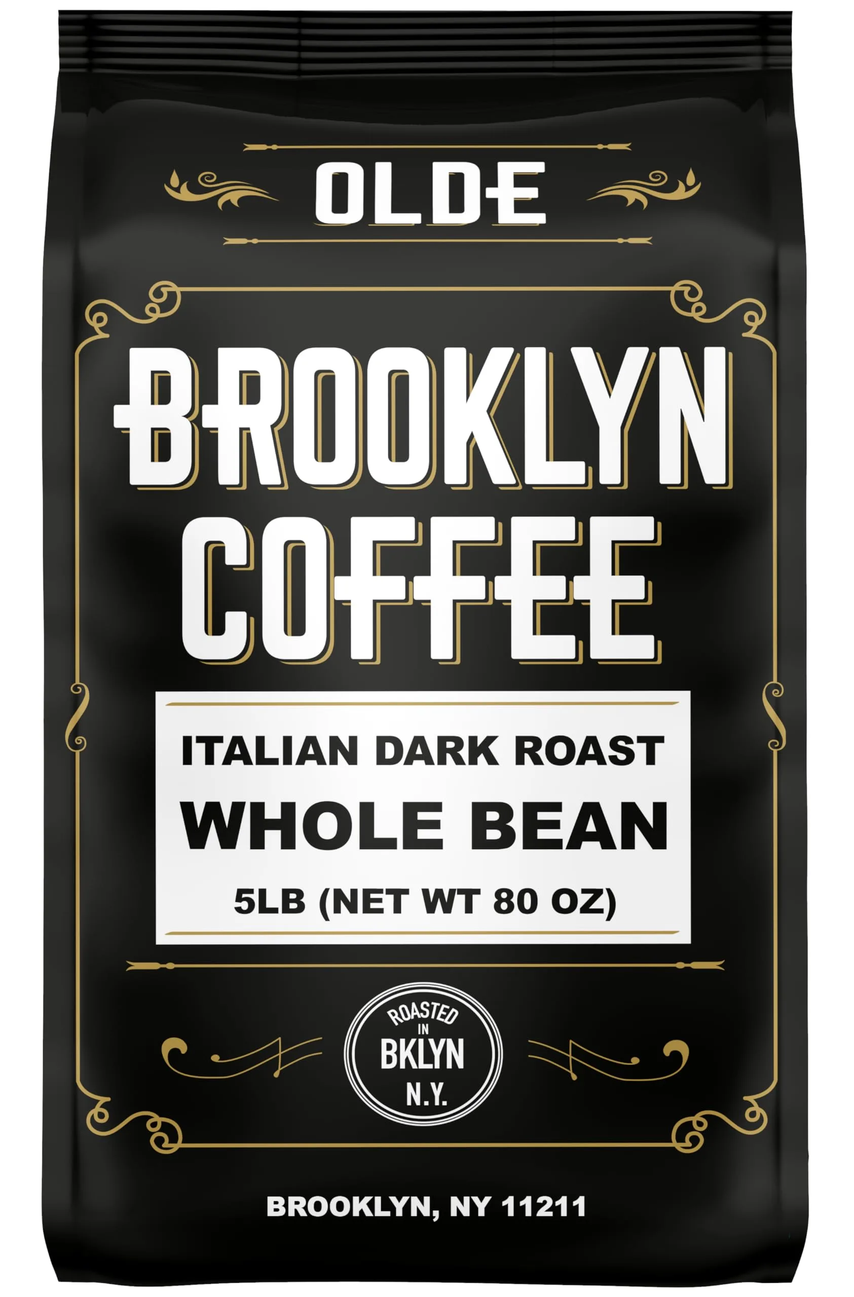 BROOKLYN COFFEE Whole Bean, Italian Dark Roast (5lb) Extra Strong, Delicious Taste, Heavenly Aroma - Fresh Bulk Coffee Beans Roasted Weekly in NYC Italian Dark Roast 80 Ounce (Pack of 1)