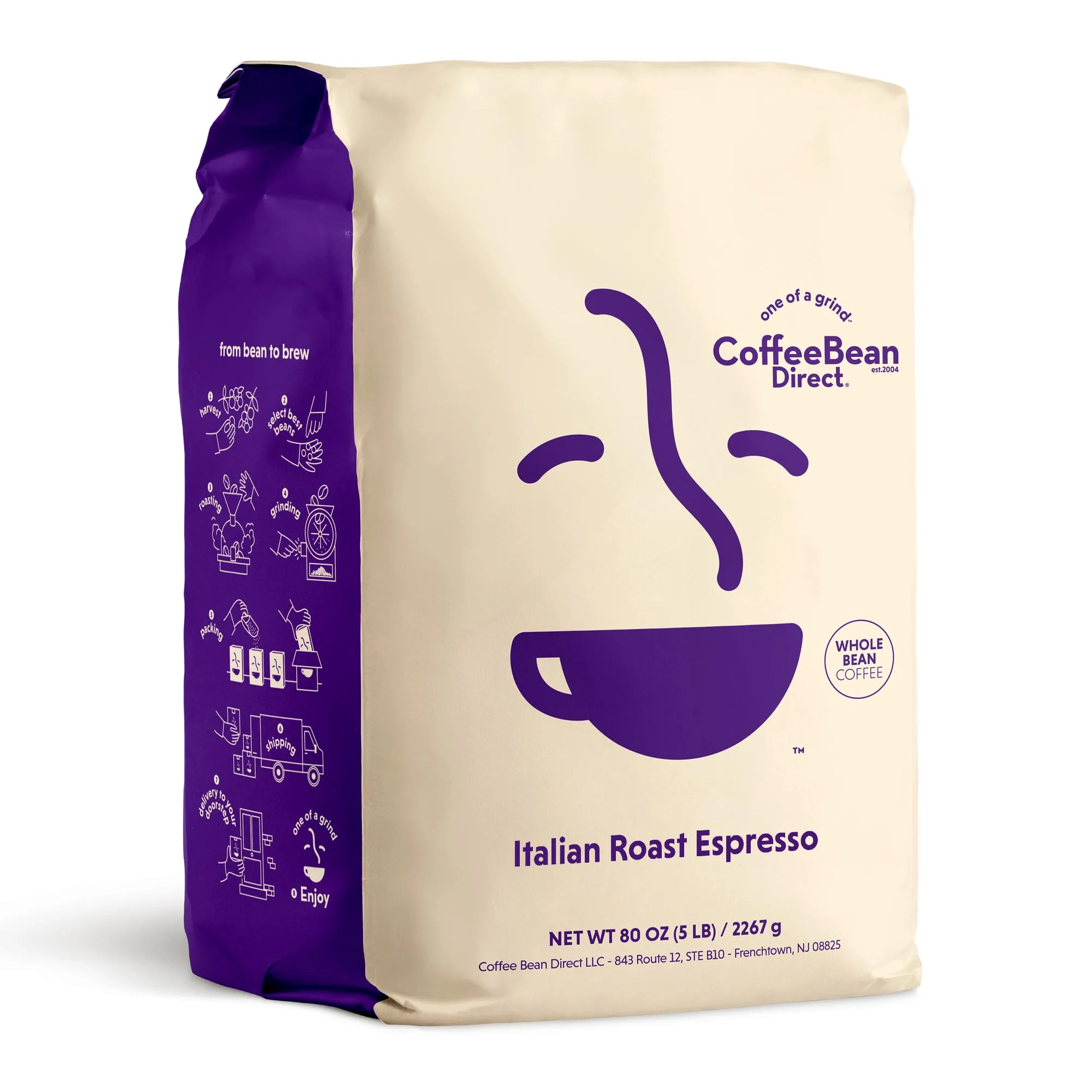Coffee Bean Direct Italian Roast Espresso, Whole Bean Coffee, Dark Roast, 5 Pound Bag (Pack of 1) Italian Roast Espresso 80 Ounce (Pack of 1)