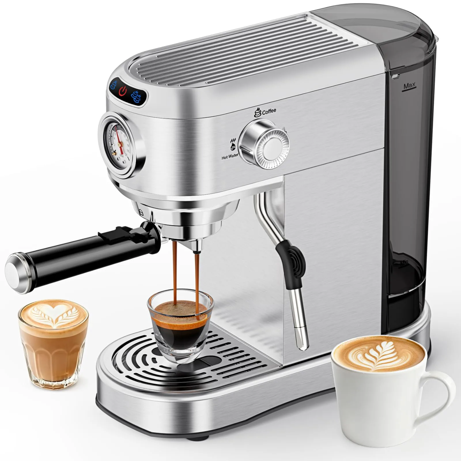 Espresso Machine, 20 Bar Compact Espresso Maker with Steam Milk Frother, Stainless Steel Expresso Machines for Home, 34oz Removable Water Tank for Latte, Cappuccino, Silver