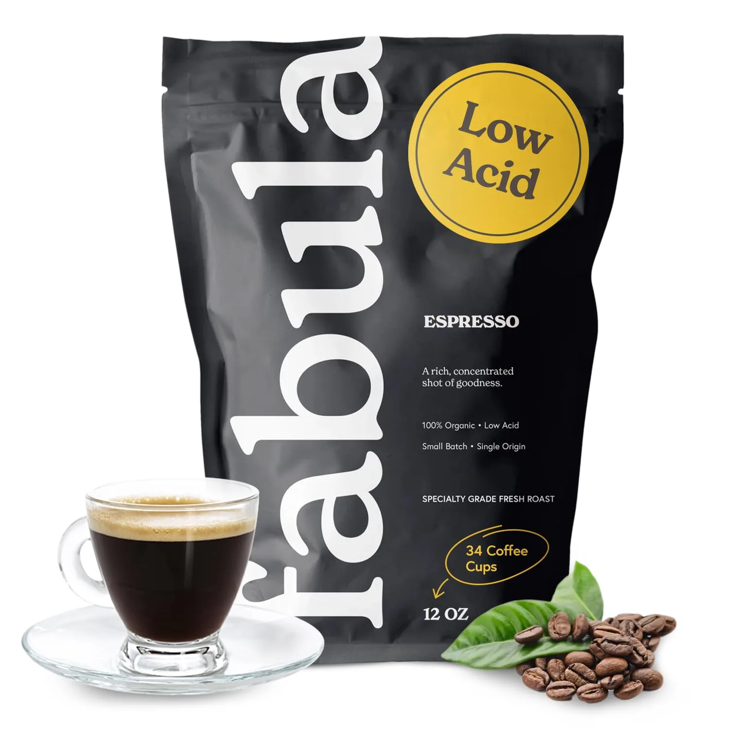 Fabula Low Acid Coffee Beans Whole, Organic Espresso Coffee - Non-GMO - No Molds - Mycotoxins Pesticides Free - Single Origin Coffee - 12 Oz Espresso Whole Bean 12 Ounces