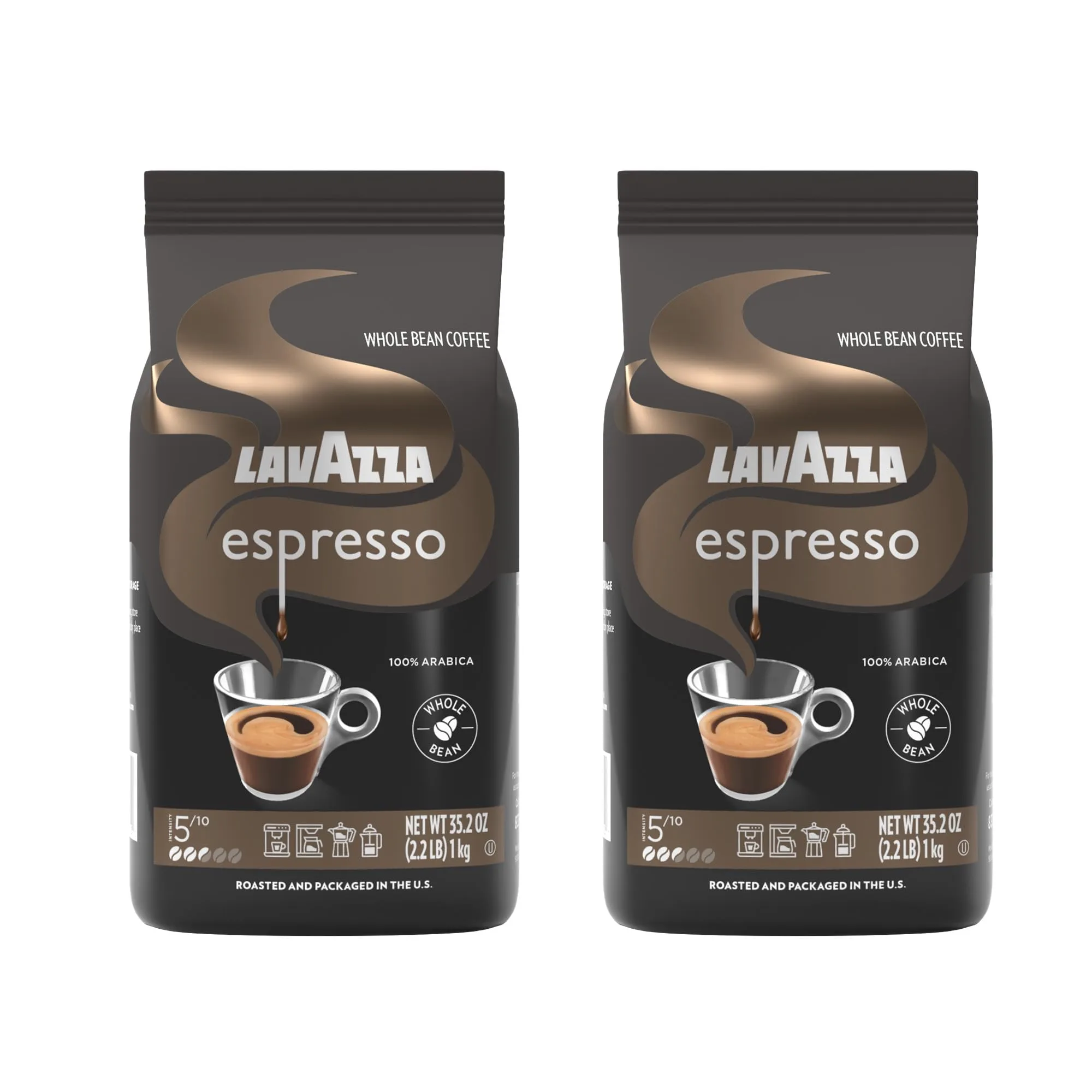 Lavazza Espresso Whole Bean Coffee, Medium Roast, 100% Arabica, 2.2 lb Bag (Pack of 2)