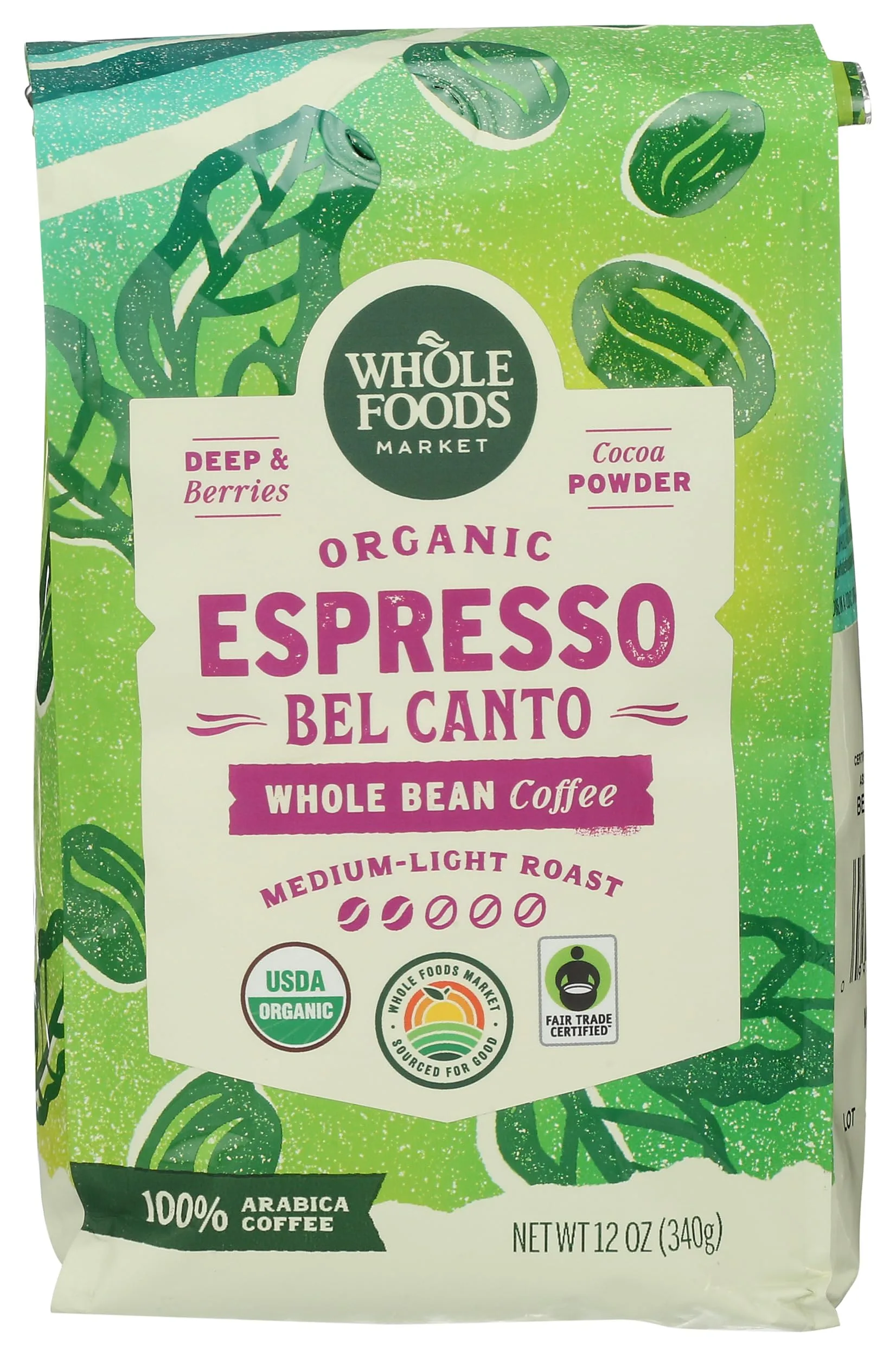 Whole Foods Market, Organic Espresso Bel Canto Whole Bean Coffee, Medium-Light Roast, Berries & Cocoa Powder, 12 Ounce 12 Ounce (Pack of 1)